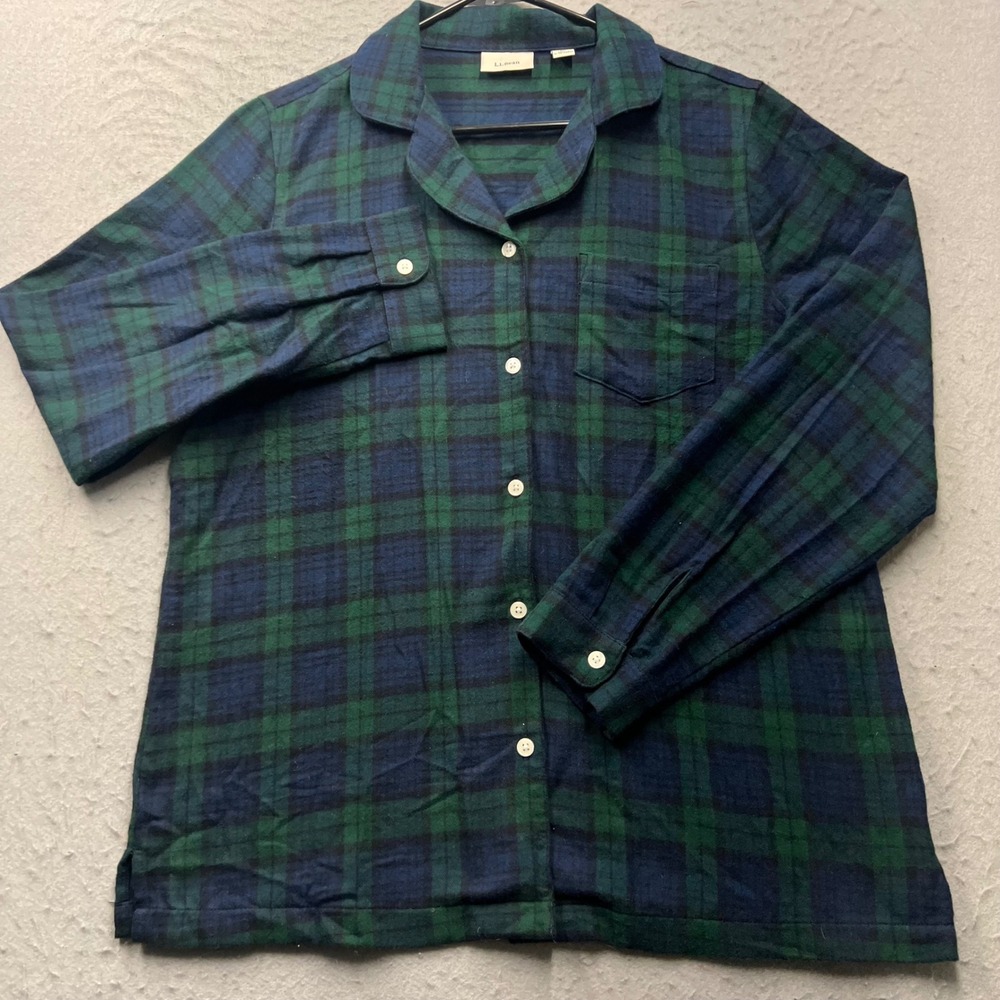 LL Bean Womens Flannel Pajama Top M Black Watch Plaid Cotton Sleep Shirt 502584